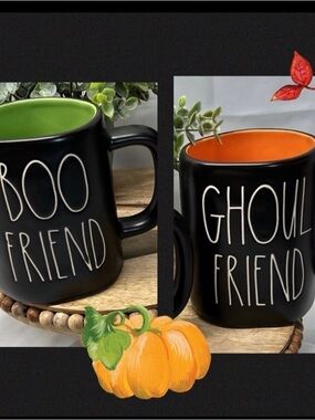 Black Ceramic 'Boo Friend' & 'Ghoul Friend' Mugs with Green and Orange Interiors